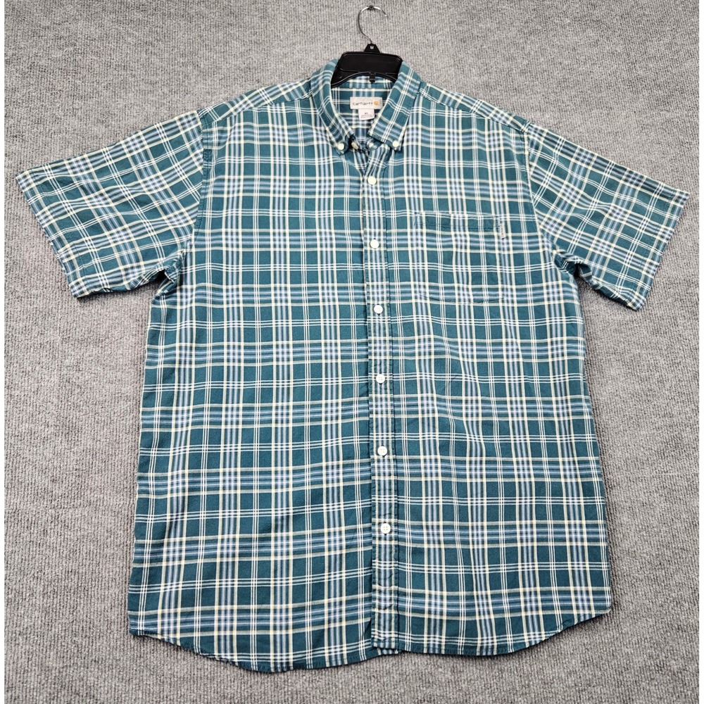 Carhartt Mens XL Regular Teal Plaid Short Sleeve Button Down Shirt